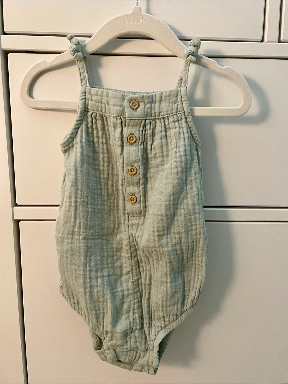 Baby Girls' Sage Green Muslin Romper with Button Front, 100% Organic Cotton